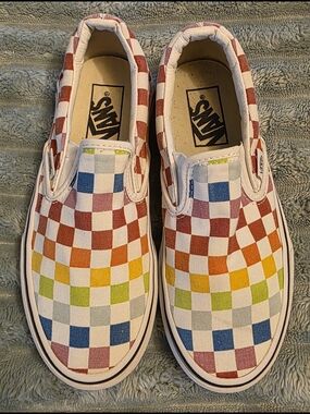 Vans Classic Slip-On Checkerboard Rainbow Shoes - Size W 5.5/M 4